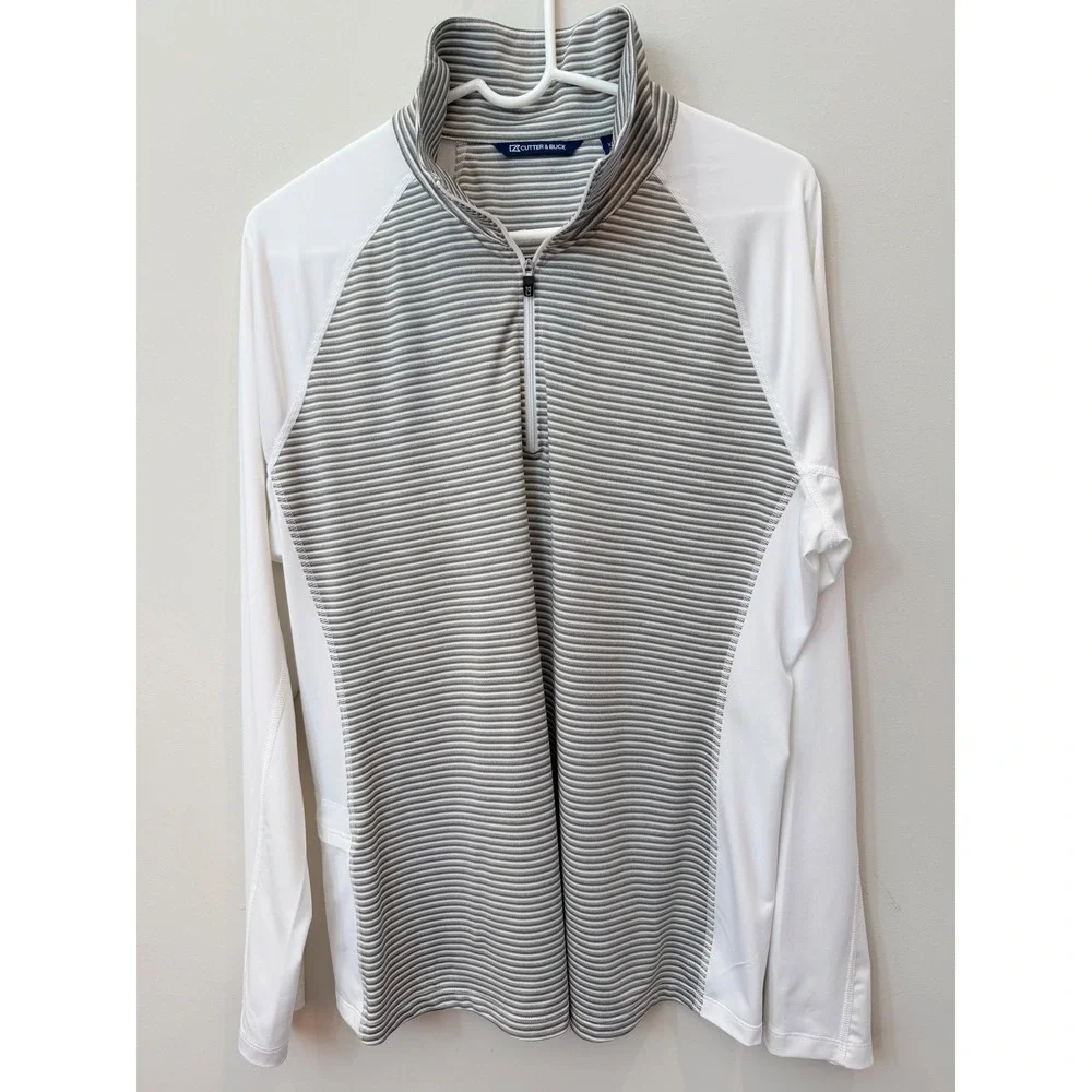 Cutter & Buck Mens XL Quarter Zip Pullover White Grey Striped Golf Active Top